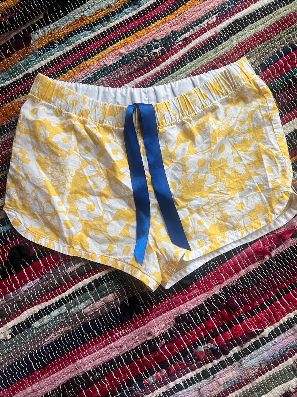 Yellow & white floral cotton shorts with blue ribbon detail #floral #summer